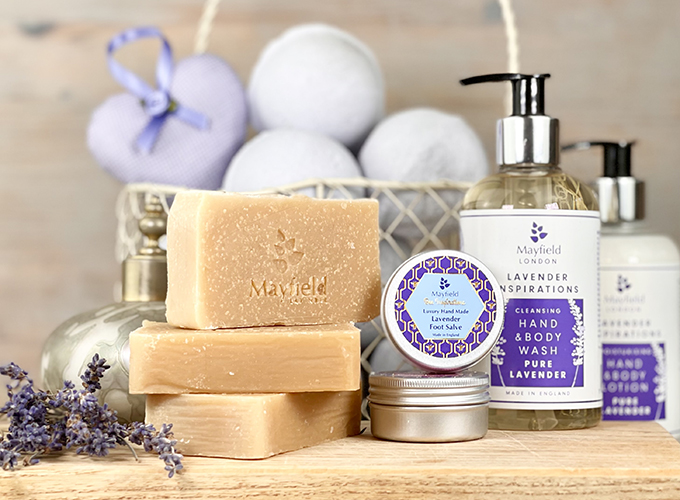 Lavender toiletries and lavender body products using organic Mayfield Lavender Farm flowers
