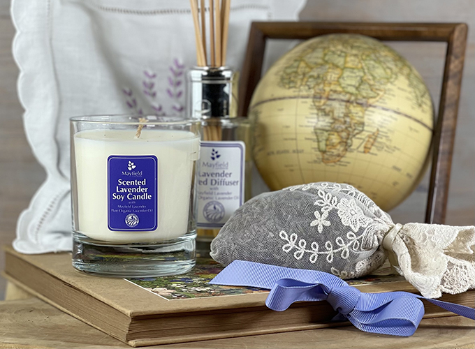 Room diffusers candles and homeware products featuring organic lavender from Mayfield Lavender Farm