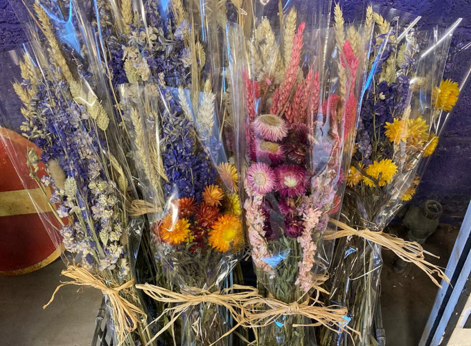 Hand-tied mixed dried flower bunches from Mayfield Lavender Farm delphinium sweet pea wheat 